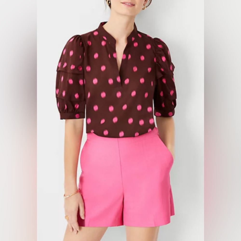 Ann Taylor Brown Blouse Pink Polka Dots Puff Ruffle Sleeve Cottagecore NWOT XS